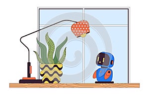 Small companion robot on desk office line cartoon flat illustration