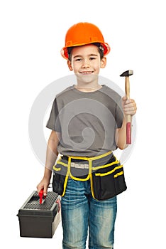 Small constructor kid holding hammer