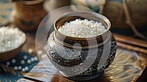 A small container filled with tiny finely crushed pearls believed to have healing properties in traditional medicine