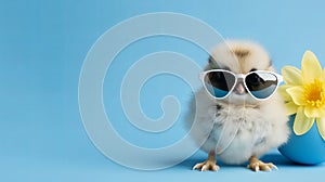 small Cool chick in sunglasses with Easter egg on blue background