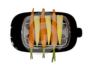 Small corn and carrots on a toaster