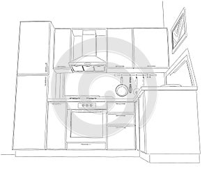 Small corner kitchen interior sketch 3d illustration.