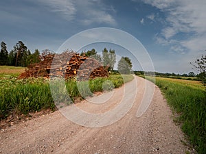 Small country road without asphalt surface in farmland with a pile of firewood on a side. Beautiful blue cloudy sky. Simple nature
