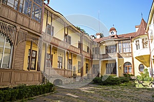 Small courtyard of Italian style of an old two-story house in Chernivtsi, Ukraine