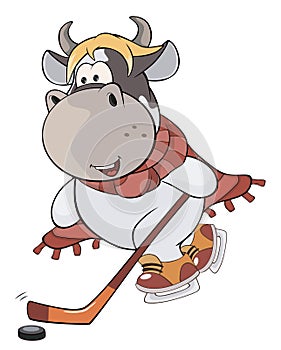 A small cow. A hockey player. Cartoon