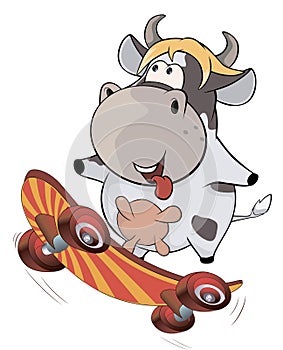 A small cow on a skateboard. Cartoon