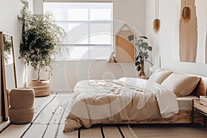 Small cozy bedroom with dry plants and warm beige and off white, muji style, AI generative