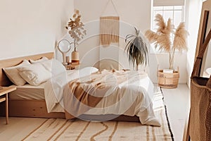 Small cozy hygge bedroom with dry plants and warm beige and off white shades, AI generative