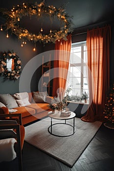 Small cozy living room in gray-orange colors in modern home with window decorated for Christmas.