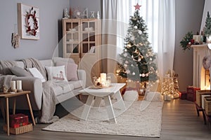 Small cozy living room in light colors with Christmas tree.