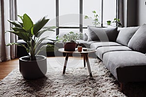 Small cozy living room in Scandinavian style with potted plants.