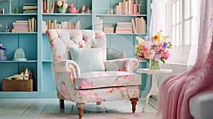 A small cozy living room in the style of shabby chic with a colorful armchair on the background of bookshelves, a