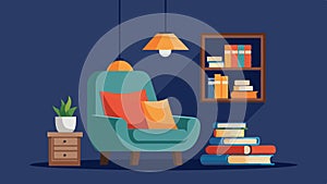 A small cozy reading nook with a plush armchair a stack of books and a lowhanging pendant light..