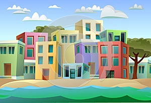 Small cozy town. Landscape on beach seashore. Sea surf waves. Homes and offices. Cartoon fun style. Flat design. Vector.