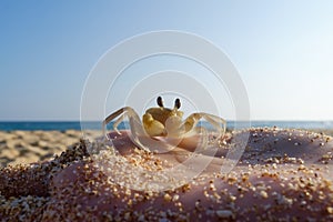 Small Crab on hand of caucasian woman on blue sky background.