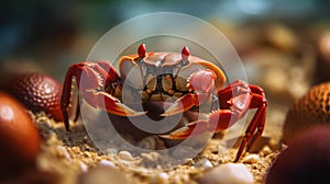 A small crab is sitting on the sand. Generative AI image.