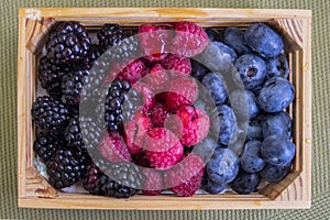 Small crate wiA small crate of berries - raspberries, blackberries and th flat nectarines, cherries, blueberries and blackberries.