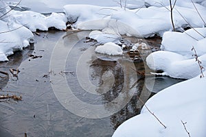 Small creek in Altai village Ust\'-Lebed\' in winter season photo