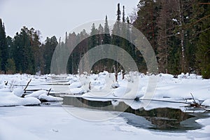 Small creek in Altai village Ust\'-Lebed\' in winter season photo
