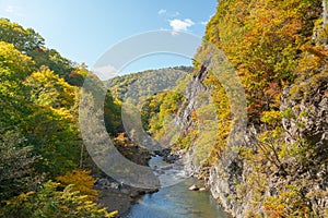 Small creek over colourful rock mountain during autumn season, Hokkaido Japan