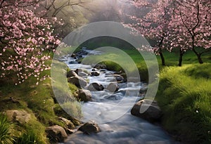 a small creek with trees and flowers in blooming season