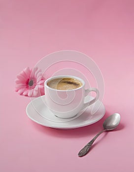 Small cup of tasty coffee on pink background