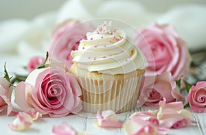 small cupcake surrounded by pink roses and white frosting