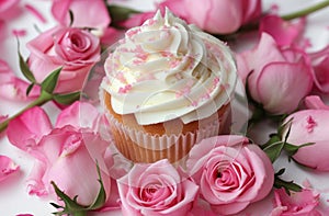 small cupcake surrounded by pink roses and white frosting