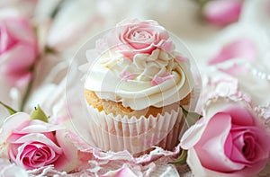 small cupcake surrounded by pink roses and white frosting