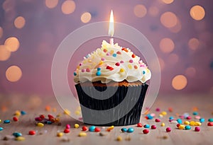 a small cupcake on a wooden table next to confetti sprinkle