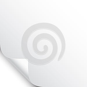 Small curled page corner with shadow on white background. Blank sheet of paper. Vector illustration.