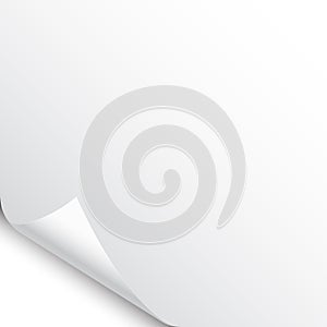 Small curled page corner with shadow on white background. Blank sheet of paper. Vector illustration.