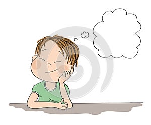 Small cute boy daydreaming, imagining something. Original hand drawn illustration with copy space for your text