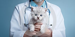 Small cute cat examined at the veterinary doctor, close-up