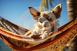 Small cute Chihuahua dog relaxing in hammock with tropical beach in background