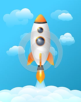 Small cute flying space rocket above the cloud illustration