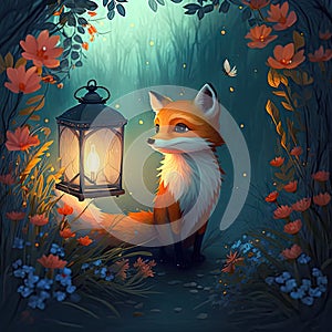 Small cute fox standing in magic forest in night. Flowers and lantern near animal. Cartoon, kids book, fairy tale style
