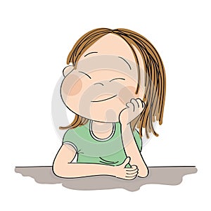 Small cute girl daydreaming, imagining something - original hand drawn illustration