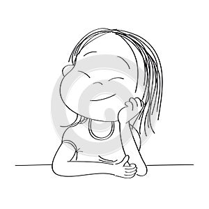 Small cute girl daydreaming, imagining something- original hand drawn illustration