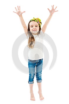 Small cute girl raise hands up.
