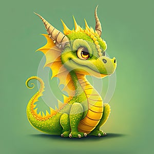 Small cute green and yellow dragon, cartoon character.