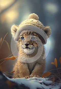 A small, cute lion cub in a hat, in the winter forest. AI Generated