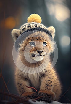 A small, cute lion cub in a hat, in the winter forest. AI Generated