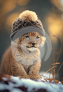 A small, cute lion cub in a hat, in the winter forest. AI Generated