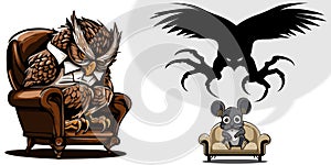 Small cute mouse counselled by predatory owl doctor speech bubble vector graphics