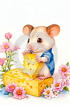 Small cute mouse eating piece of cheese on white background, in watercolor art style. With copy space