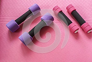 Small cute pink and big violet dumbbell on yoga mat for women exercise