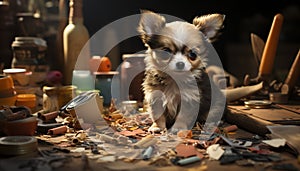 Small, cute puppy sitting on a wooden table, looking at camera generated by AI