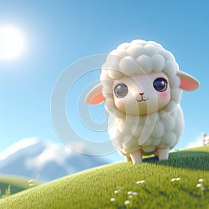 A small, cute sheep in a green meadow.