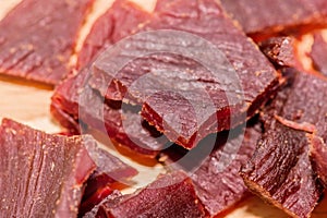 Small cuts of processed beef jerky